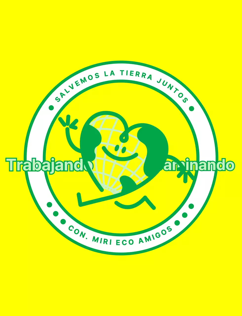 Emblema de logotipo con un simpático personaje de la Tierra en amarillo y verde para una organización de campaña medioambiental mundial.