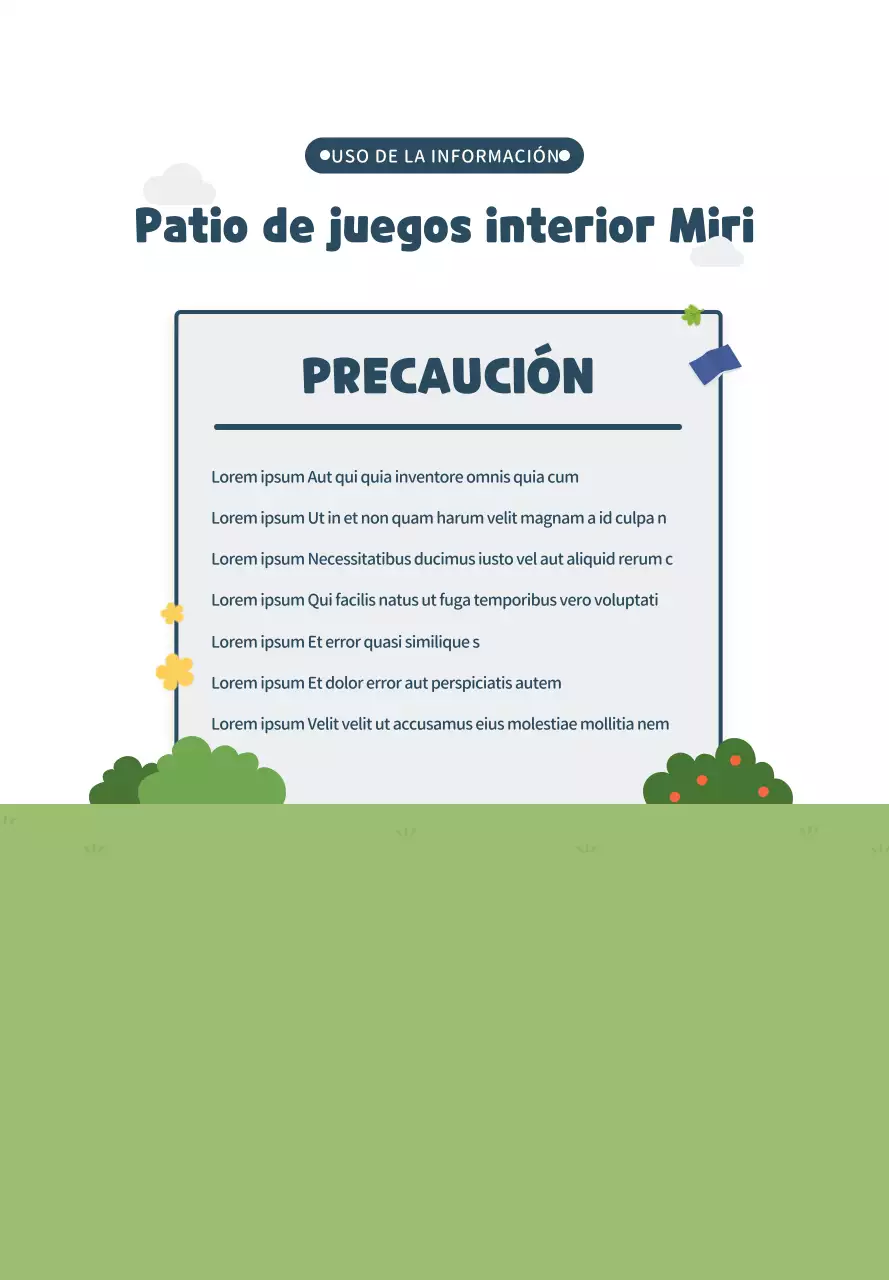 Lindo estilo de ilustración en azul marino y verde Información sobre parques infantiles de interior