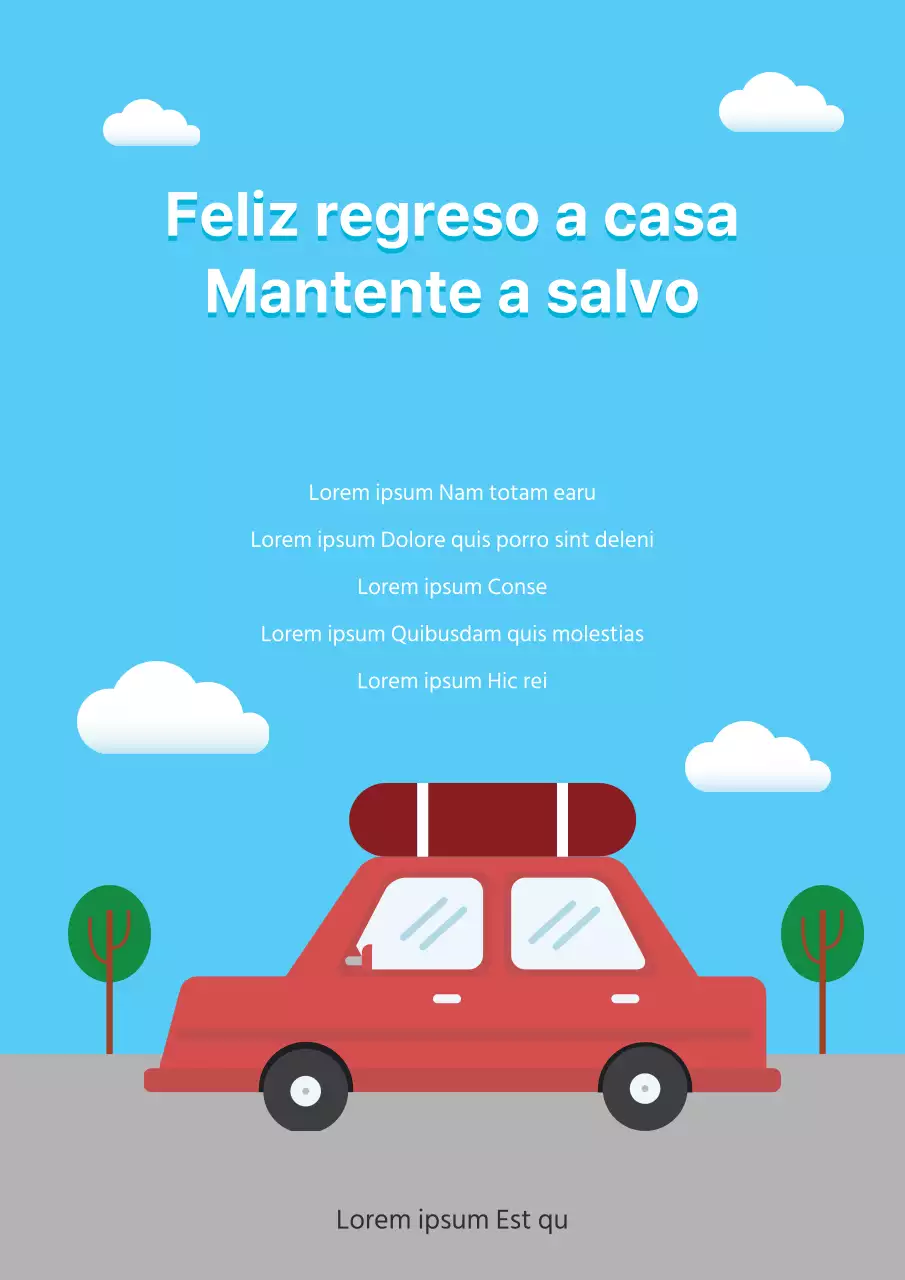 Campaña navideña de seguridad vial con paisaje de cielo azul despejado e ilustraciones de coches