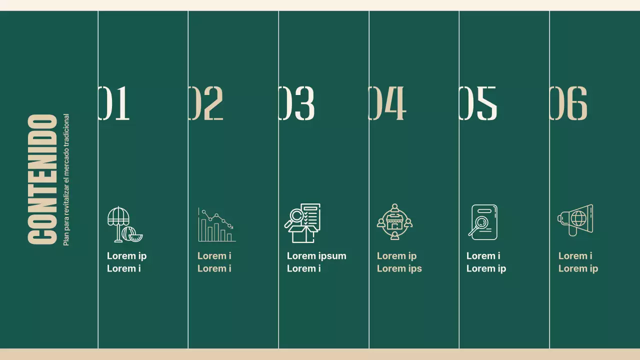 Plan para revitalizar los mercados tradicionales utilizando objetos y tipografía de color verde y beige