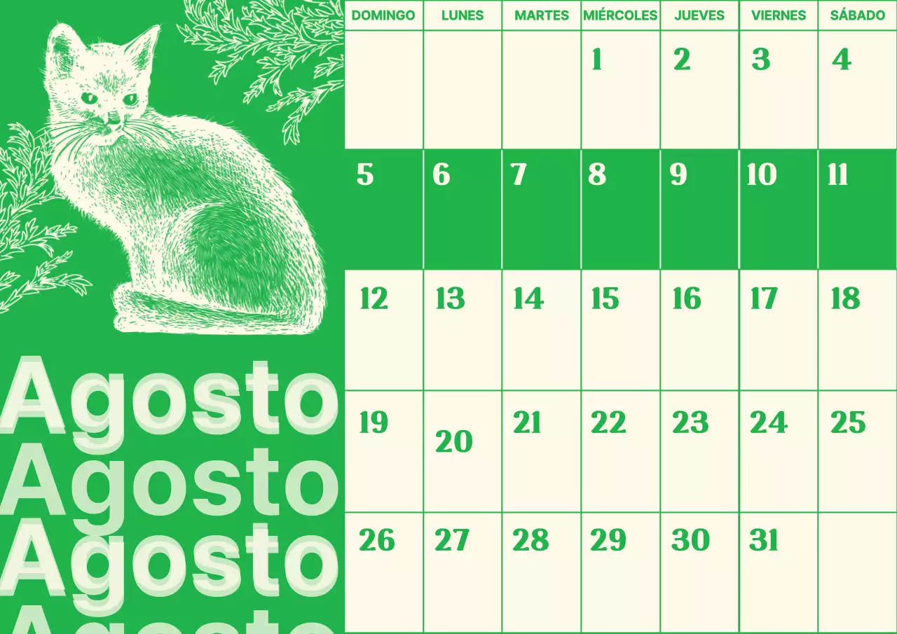 Calendario sentimental vintage ilustrado con fondo verde