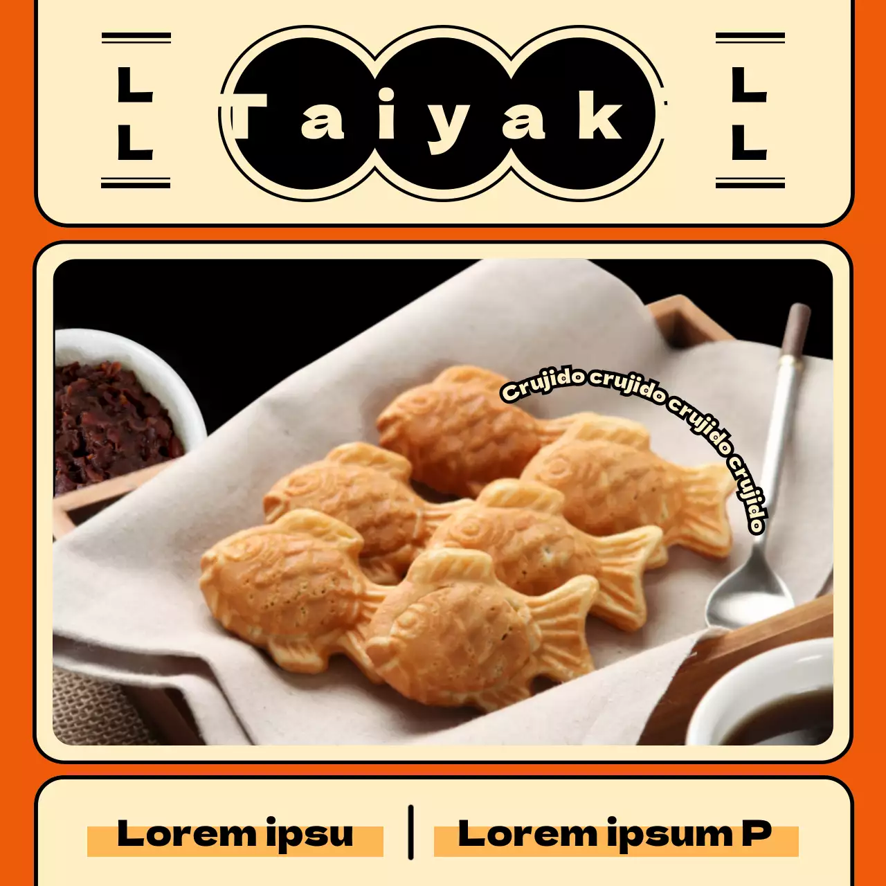 Limpio anuncio de venta de taiyaki con fondo naranja y concepto retro