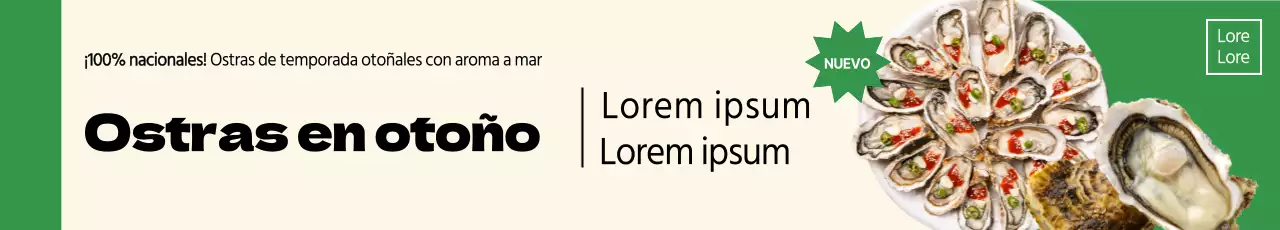 Negocio otoñal de catering de alimentos de temporada con un diseño limpio y estático y fotos de ostras, acentuadas con vegetación.