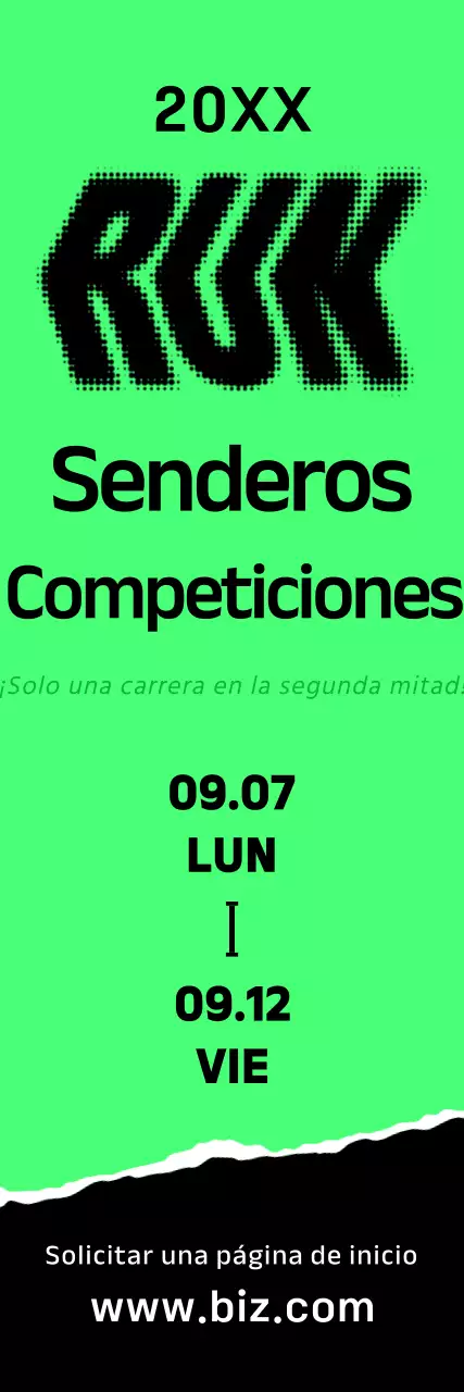 Una atrevida pancarta promocional del maratón con texto e ilustraciones sobre la carrera en verde brillante, blanco y negro.