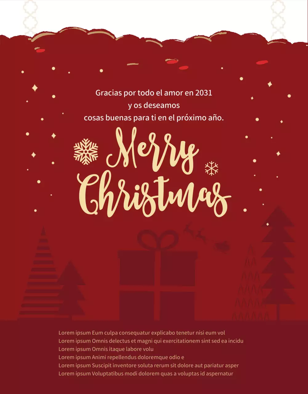 Evento navideño "compre uno y llévese otro gratis" con fondo rojo y adornos para el árbol