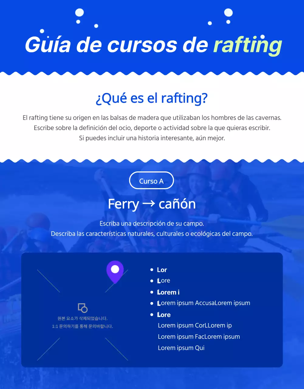 Promover el rafting activo con salpicaduras de agua sobre fondo azul