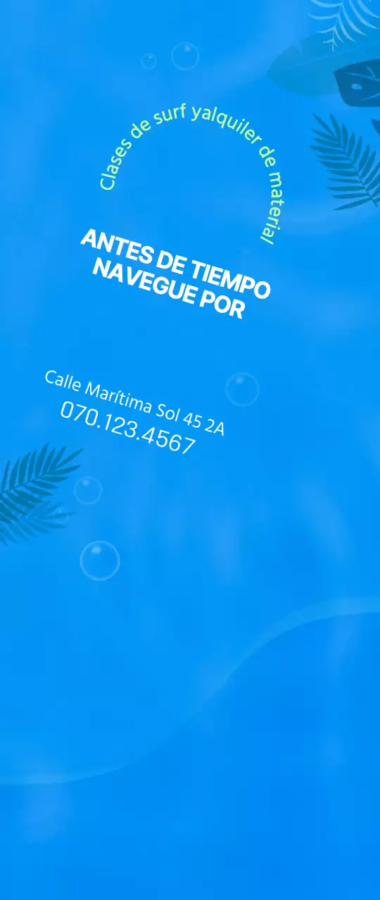 Ilustración sencilla del océano en azul y chartreuse para información y promoción del surf