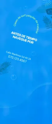 Ilustración sencilla del océano en azul y chartreuse para información y promoción del surf