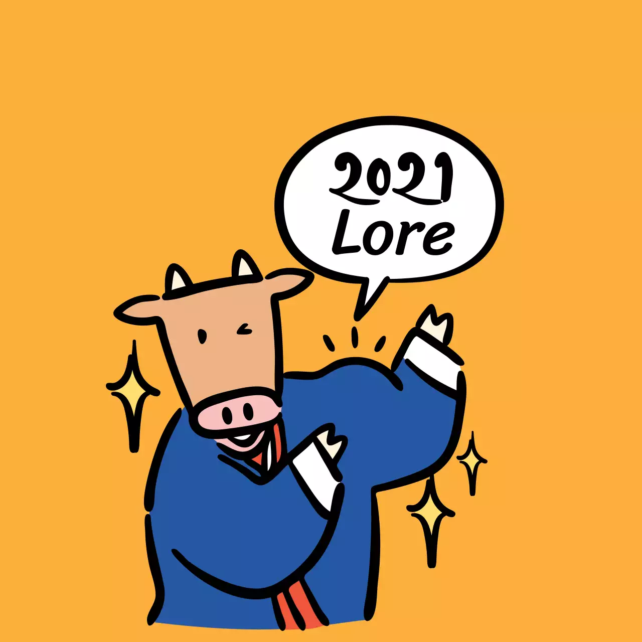 Simpática etiqueta de felicitación de Año Nuevo con ilustración naranja