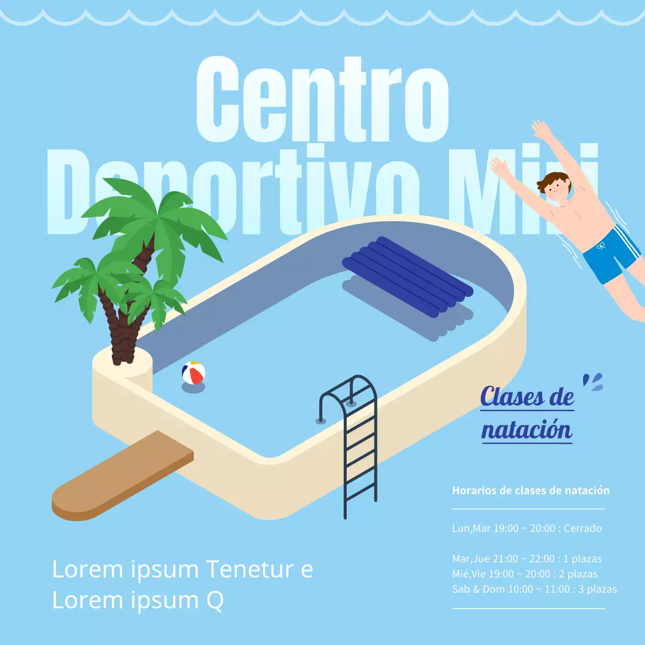 Promociona el inicio de las clases de natación con una simpática ilustración de una piscina de helados azules