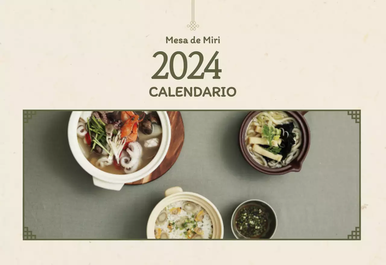 Concepto de restaurante coreano tradicional calendario de cupones en beige y marrón