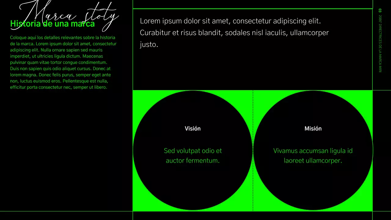 Directrices de identidad de la marca en formato cuadriculado verde lima y negro