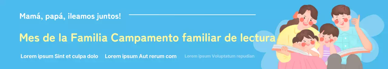 Campamento de lectura con ilustración de una familia sobre fondo azul claro