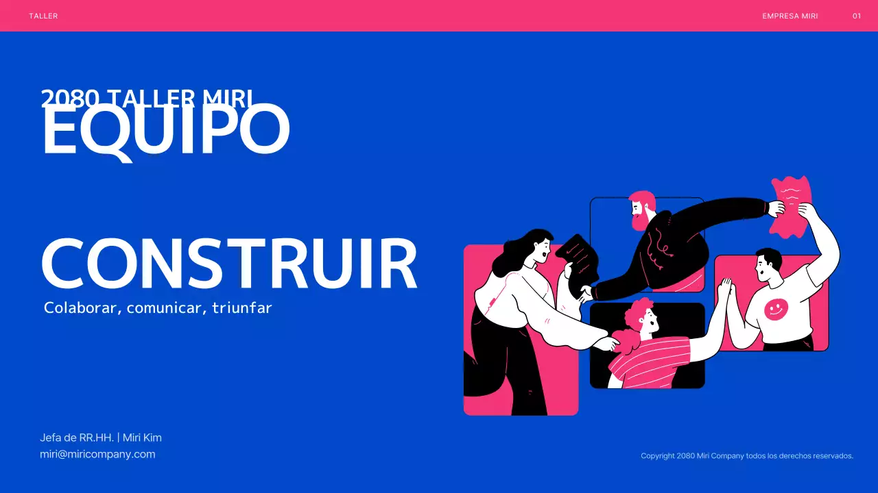 Taller de trabajo en equipo ilustrado en azul y rosa