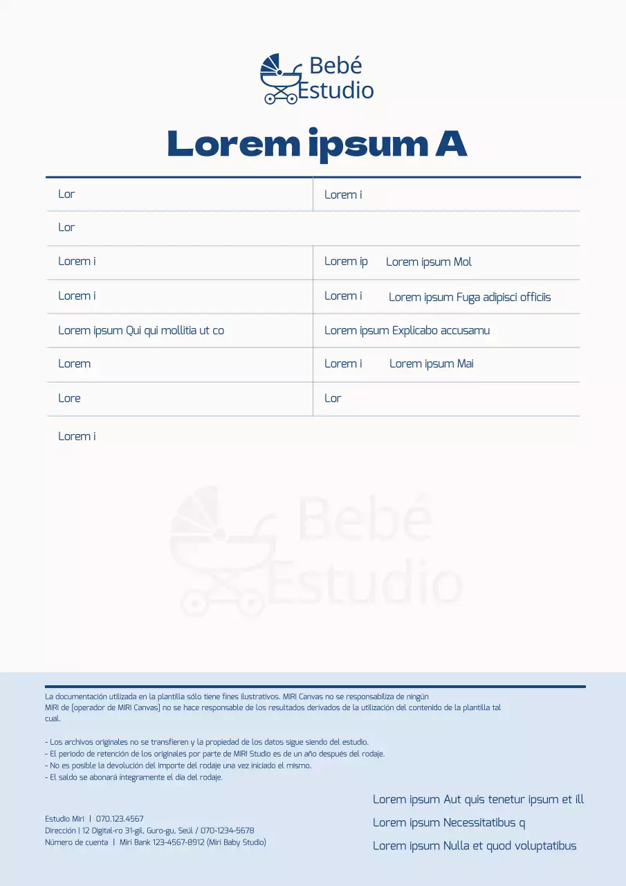 Contrato de sesión fotográfica en estudio para bebé azul