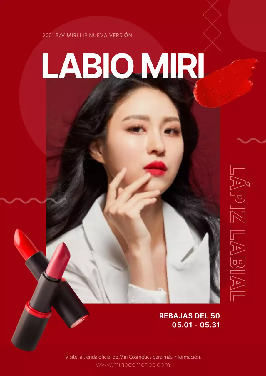Promoción de lanzamiento de una nueva barra de labios de una marca de cosméticos utilizando un marco rojo intenso.