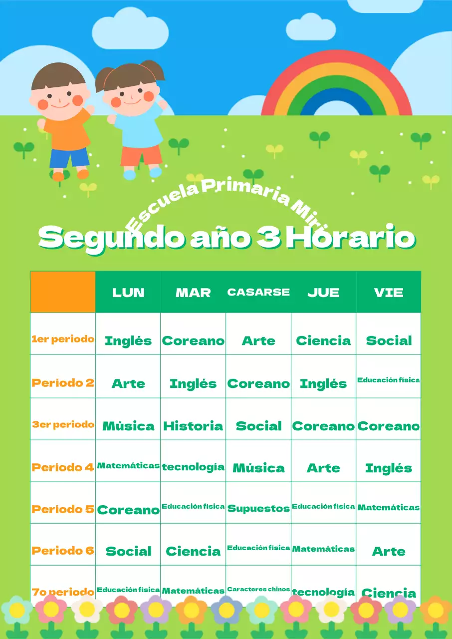 Un aula de primaria con un exuberante campo de flores verde lima y un fondo de arco iris, acentuado con simpáticos personajes infantiles.