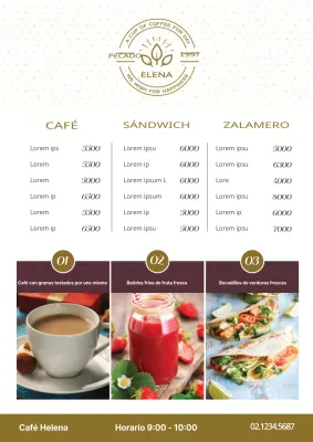 Carta de bebidas de cafetería con fotos en color marrón y características del menú