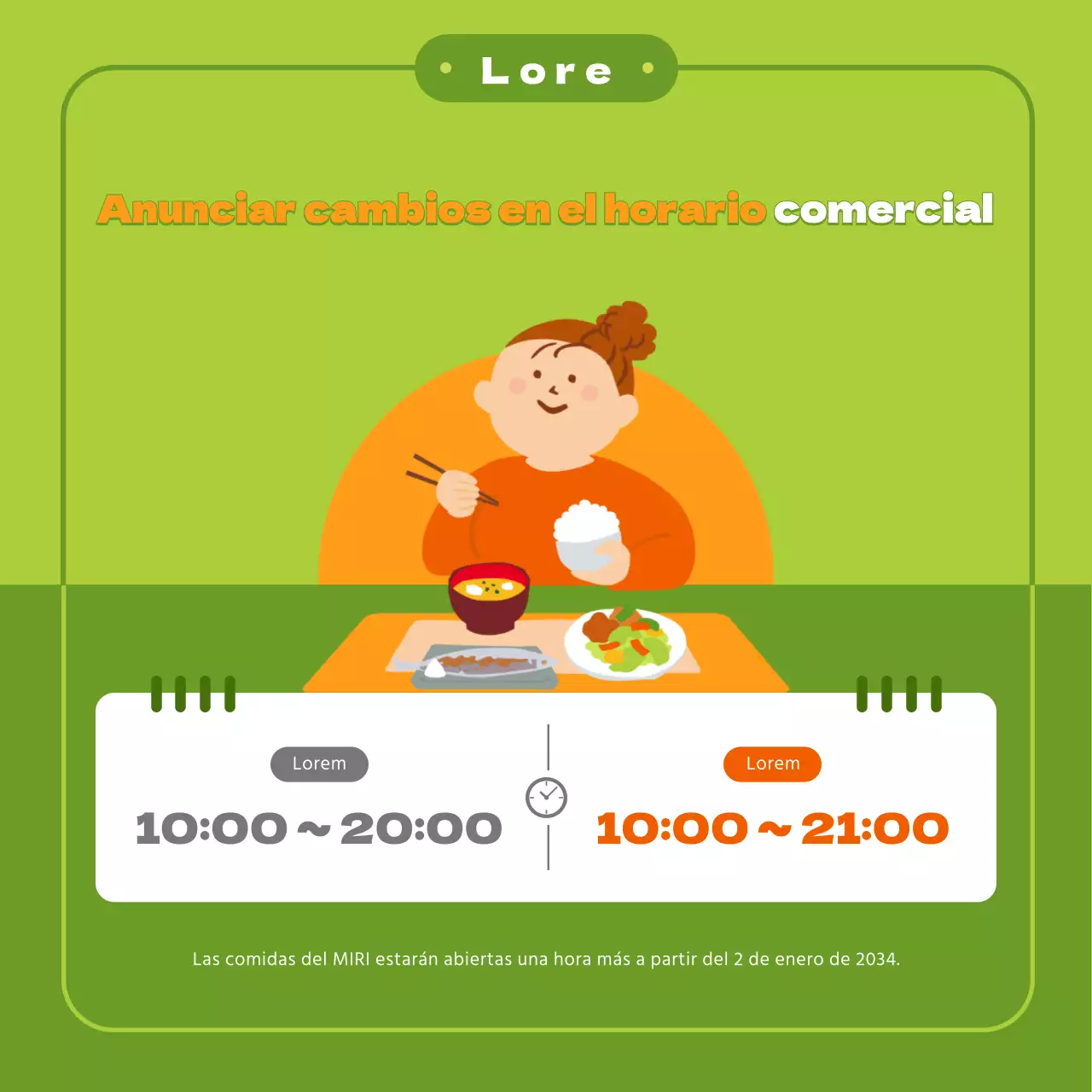 Tema de anuncio de horario comercial con bonitas ilustraciones en naranja chartreuse y un sencillo marco redondo.