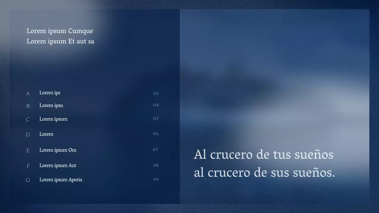 Un producto de crucero sencillo y limpio, con colores azul marino intenso y blanco nítido para facilitar la lectura.