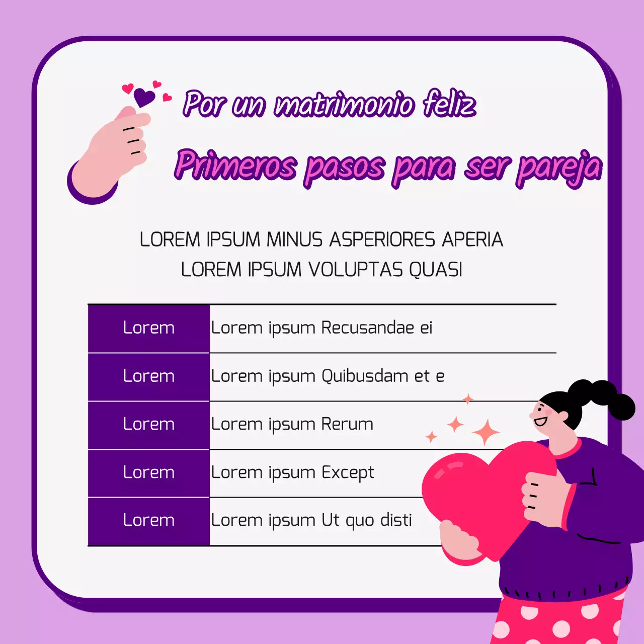 Promover una preciosa asesoría de pareja rosa y morada