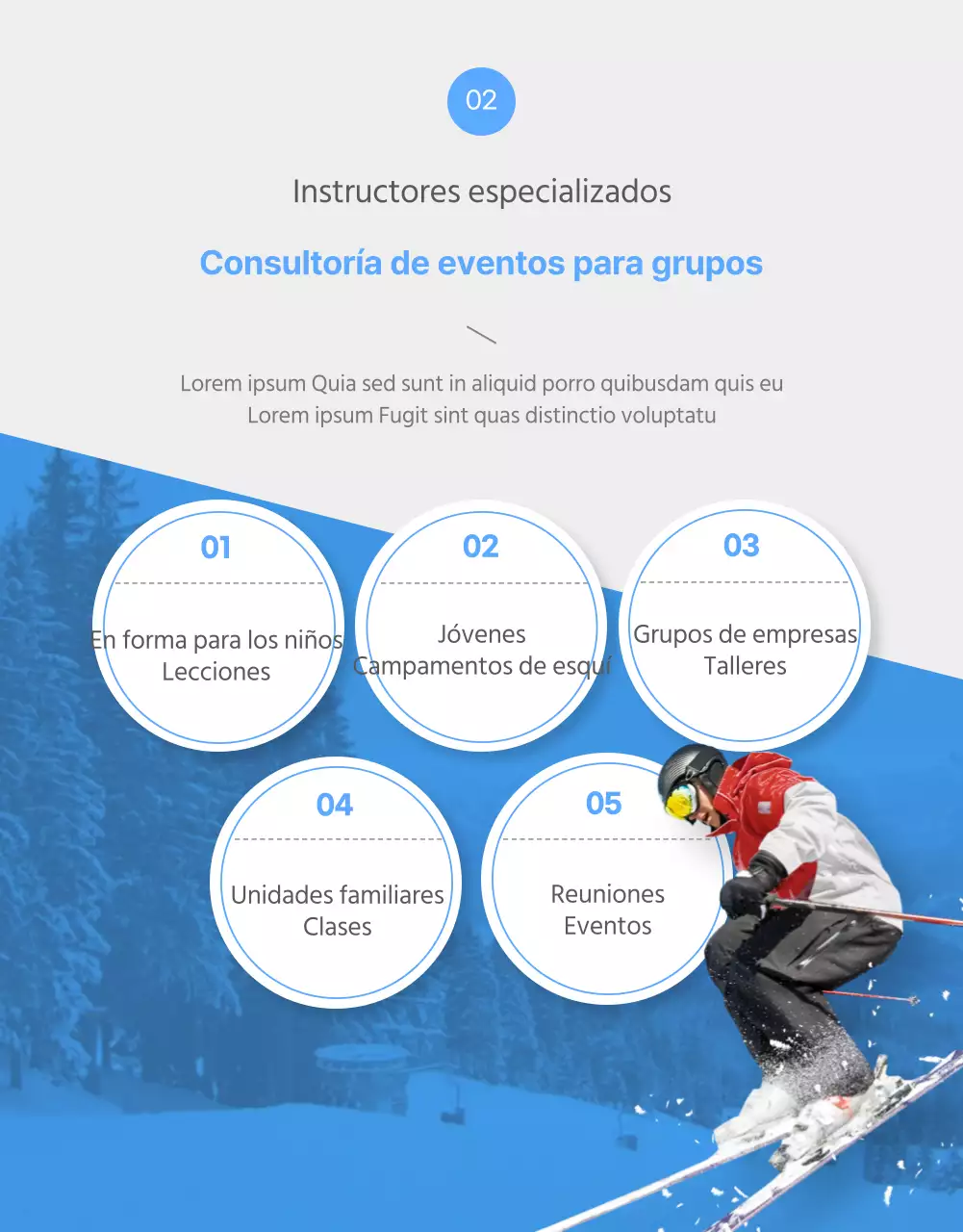 Una sencilla página blanca y azul para las clases de esquí