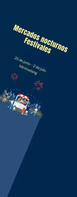 Promoción del mercado nocturno con fuegos artificiales sobre fondo azul marino Mediana