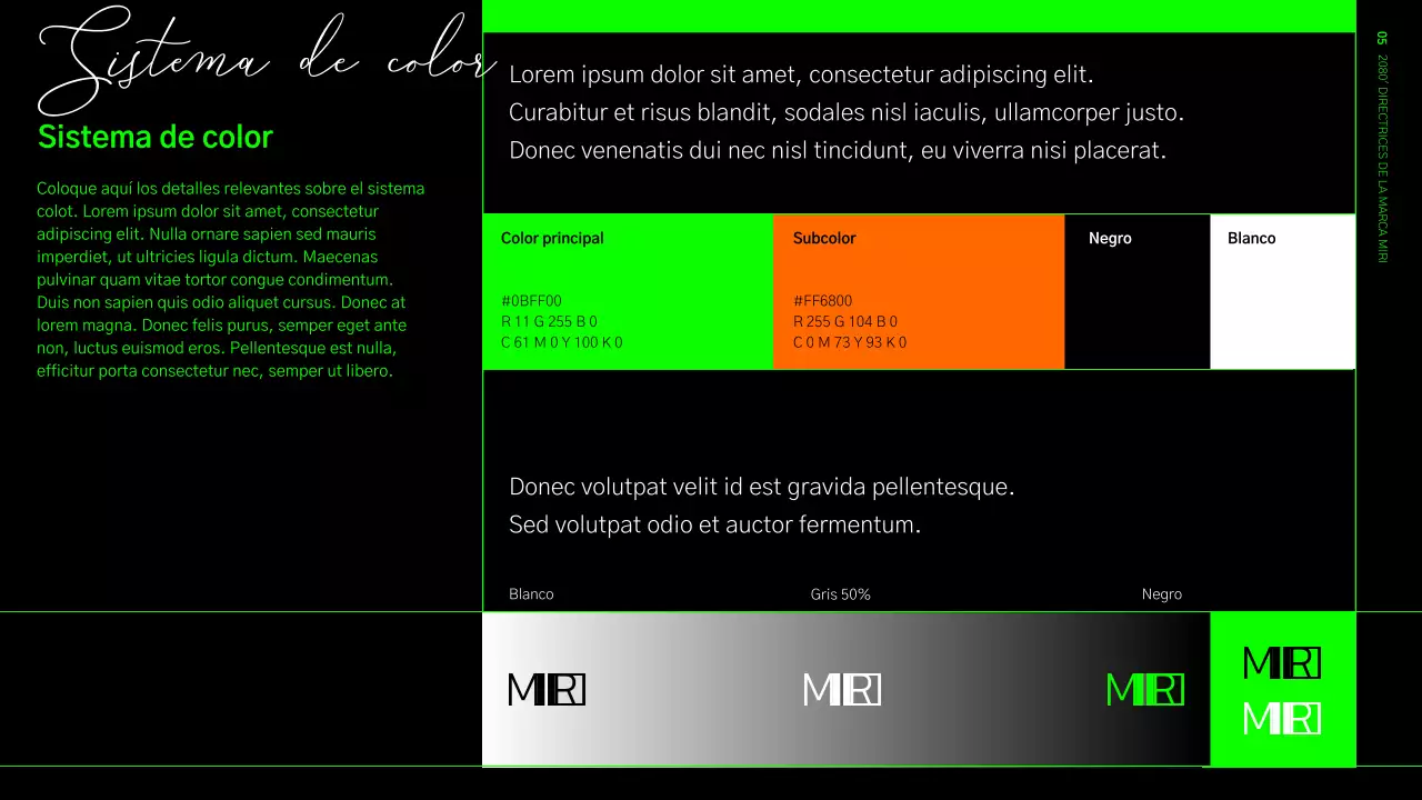 Directrices de identidad de la marca en formato cuadriculado verde lima y negro