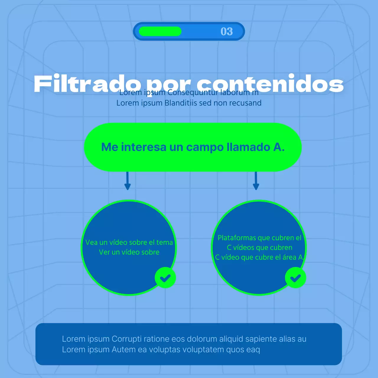 Tema de recomendación algorítmica con fondo azul y líneas de conexión