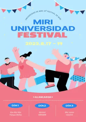 Cartel de festival universitario con fondo azul claro y rosa