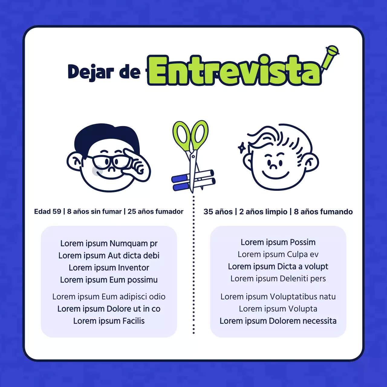 Sencilla ilustración de personajes en azul y chartreuse que presenta una clínica de salud sin tabaco.