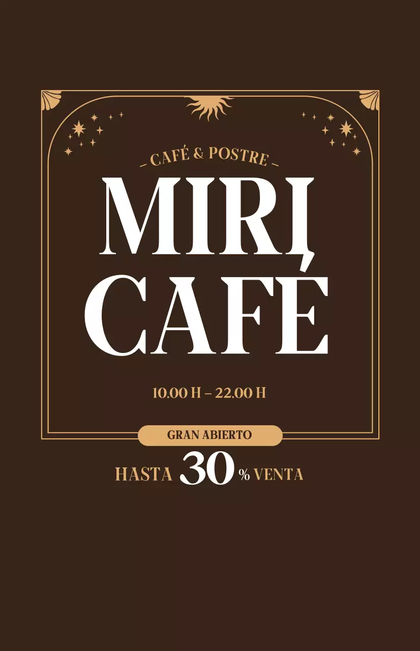 Promocione el descuento de apertura de una cafetería con un ambiente beige sobre fondo marrón