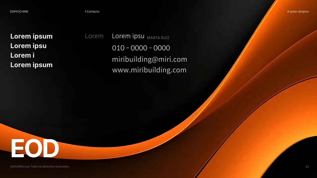 Resumen del anuncio de un edificio en negro y naranja