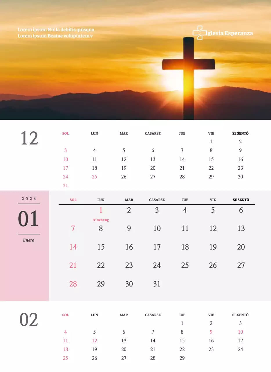 Calendario de pared de iglesia de concepto sencillo en blanco y negro con emotivas fotos religiosas