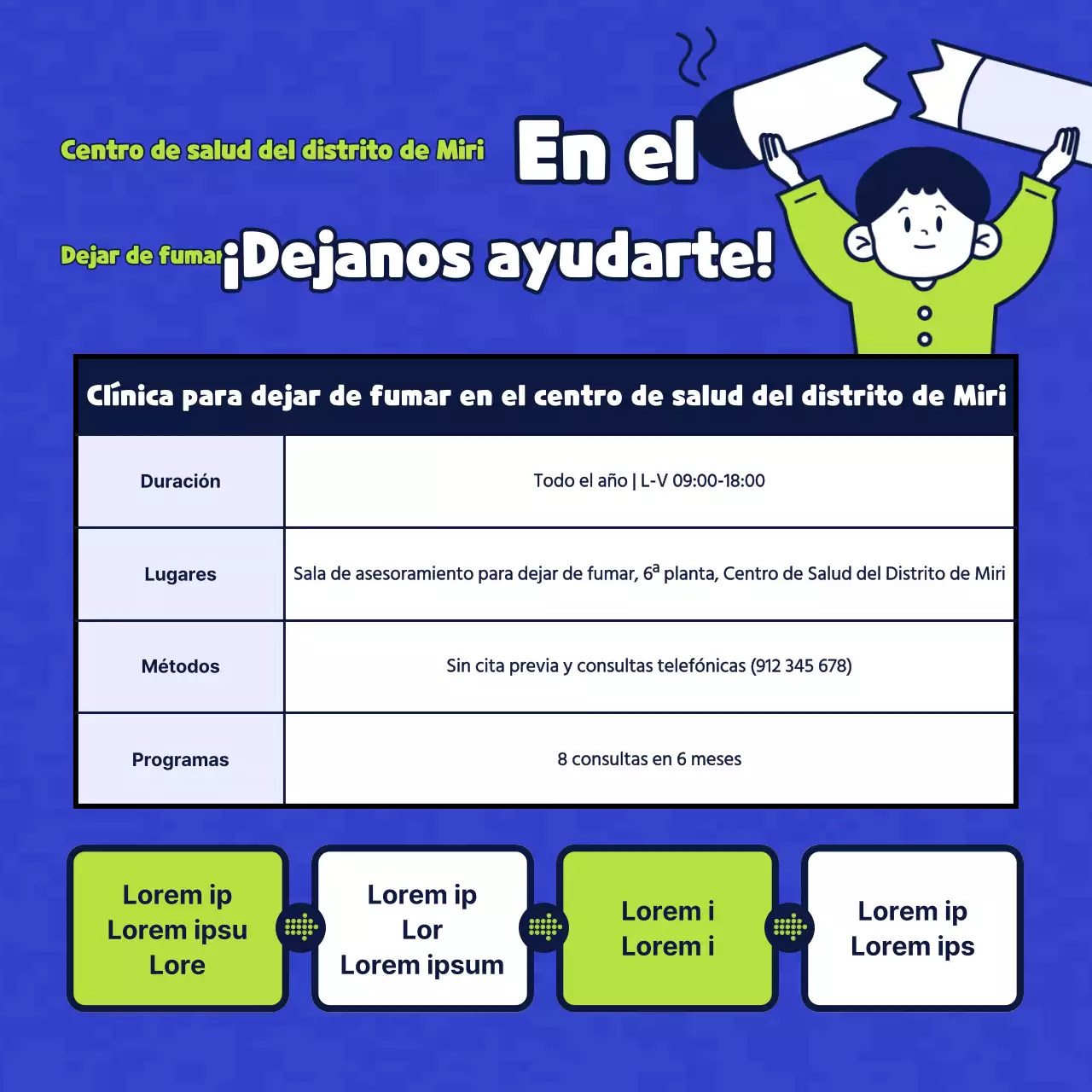 Sencilla ilustración de personajes en azul y chartreuse que presenta una clínica de salud sin tabaco.