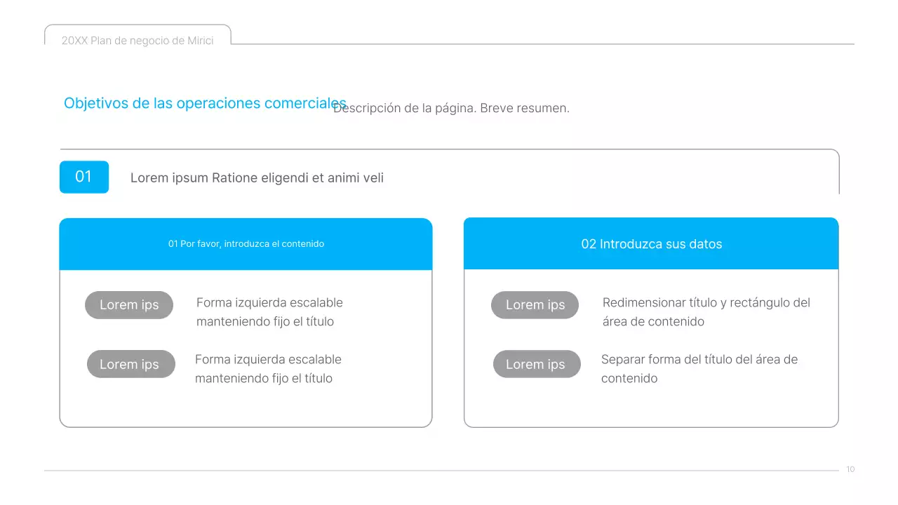 Una presentación limpia en azul y blanco del plan de negocio de contenidos culturales