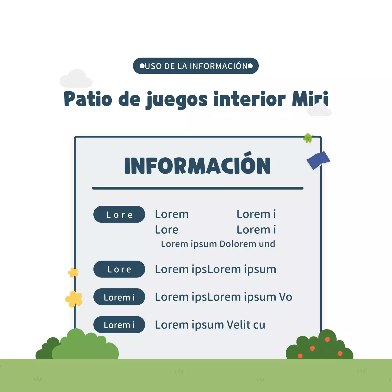 Lindo estilo de ilustración en azul marino y verde Información sobre parques infantiles de interior