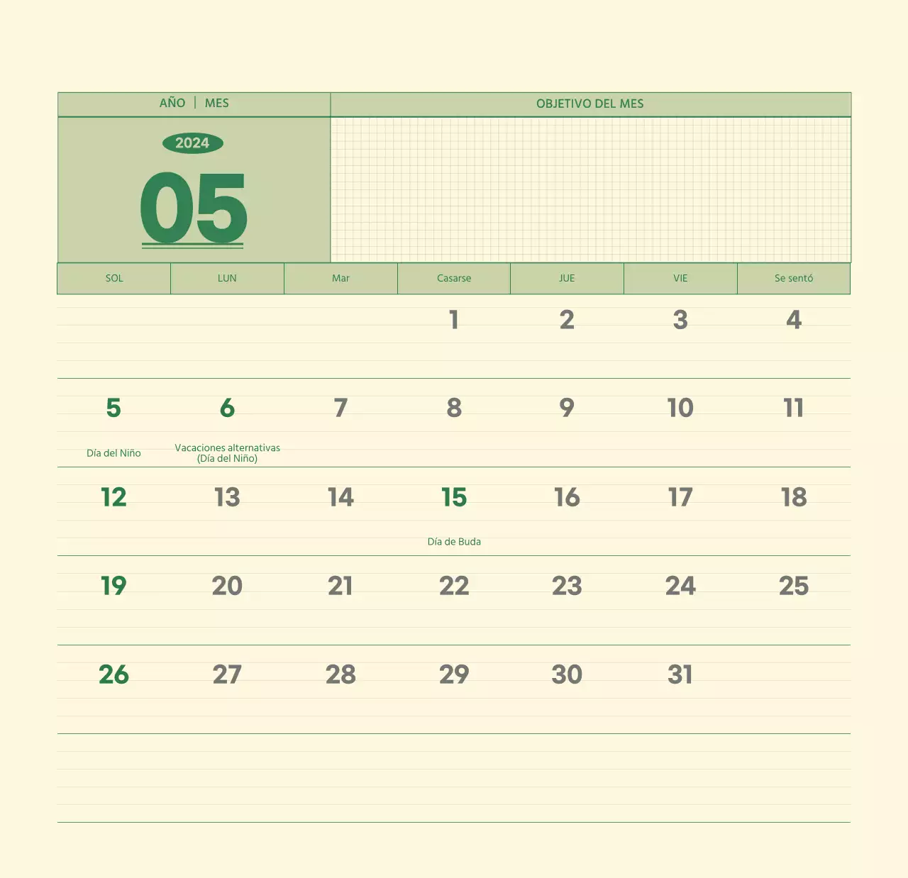 SAT Calendario de pared con concepto de bloc de notas del día D en verde y amarillo claro