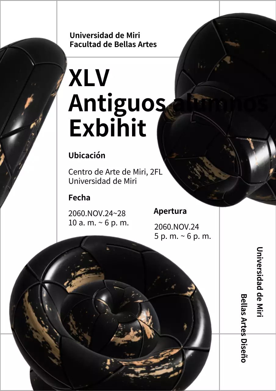 Exposición de graduación con concepto de artesanía 3D en negro y dorado