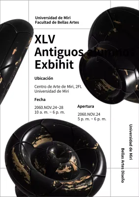 Exposición de graduación con concepto de artesanía 3D en negro y dorado