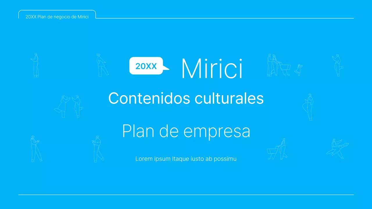 Una presentación limpia en azul y blanco del plan de negocio de contenidos culturales
