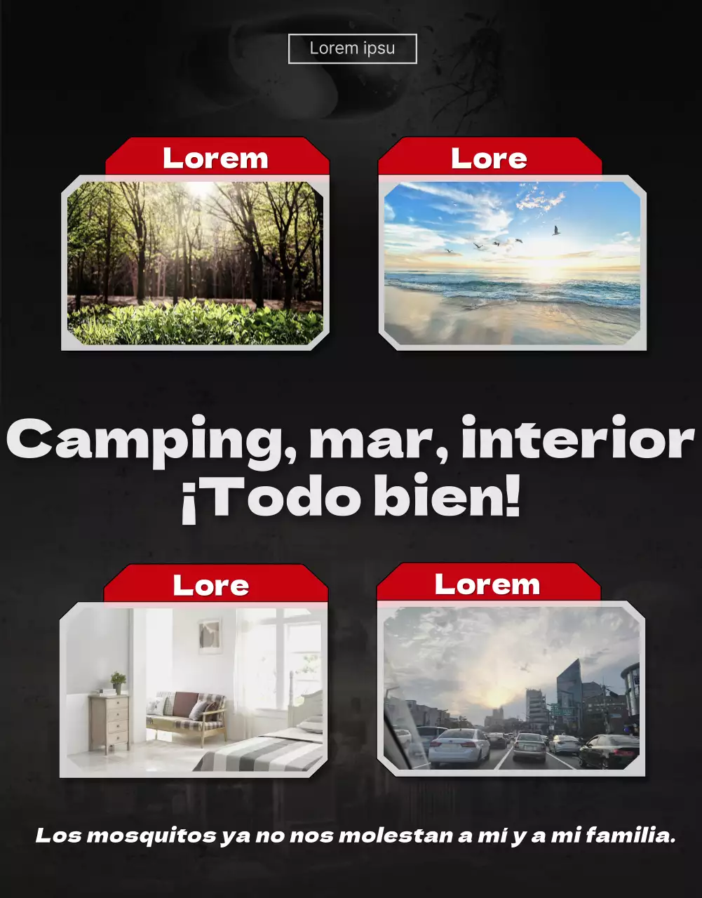 Promociona un producto repelente de mosquitos con un cartel negro y rojo de una película de catástrofes.