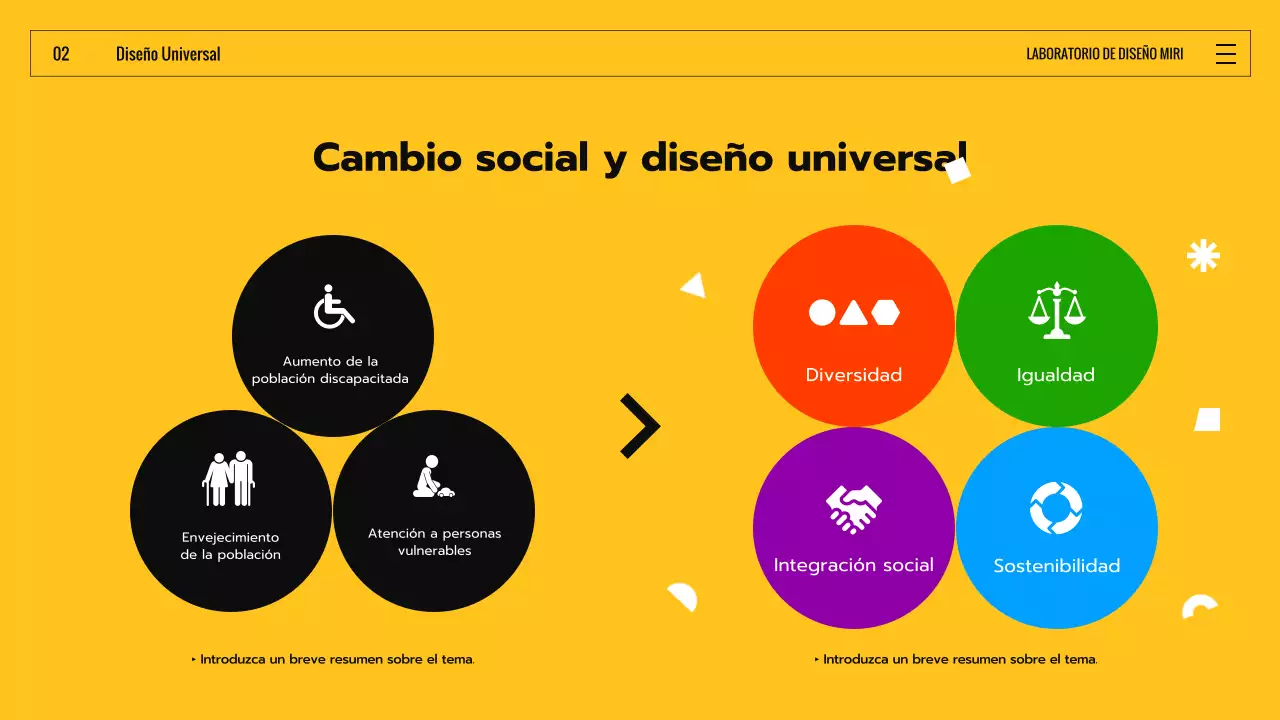 Introducción al diseño universal con formas expresivas de colores negro y amarillo