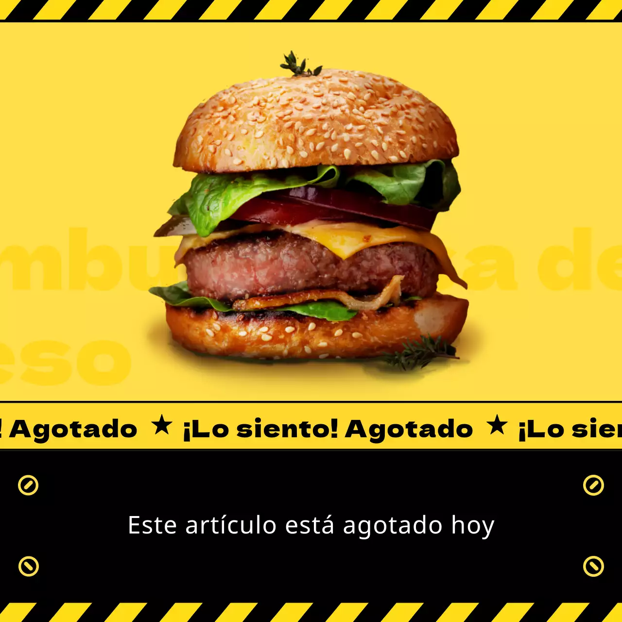 El menú de comida de hamburguesa en el concepto de línea de prohibición amarillo-negro está agotado
