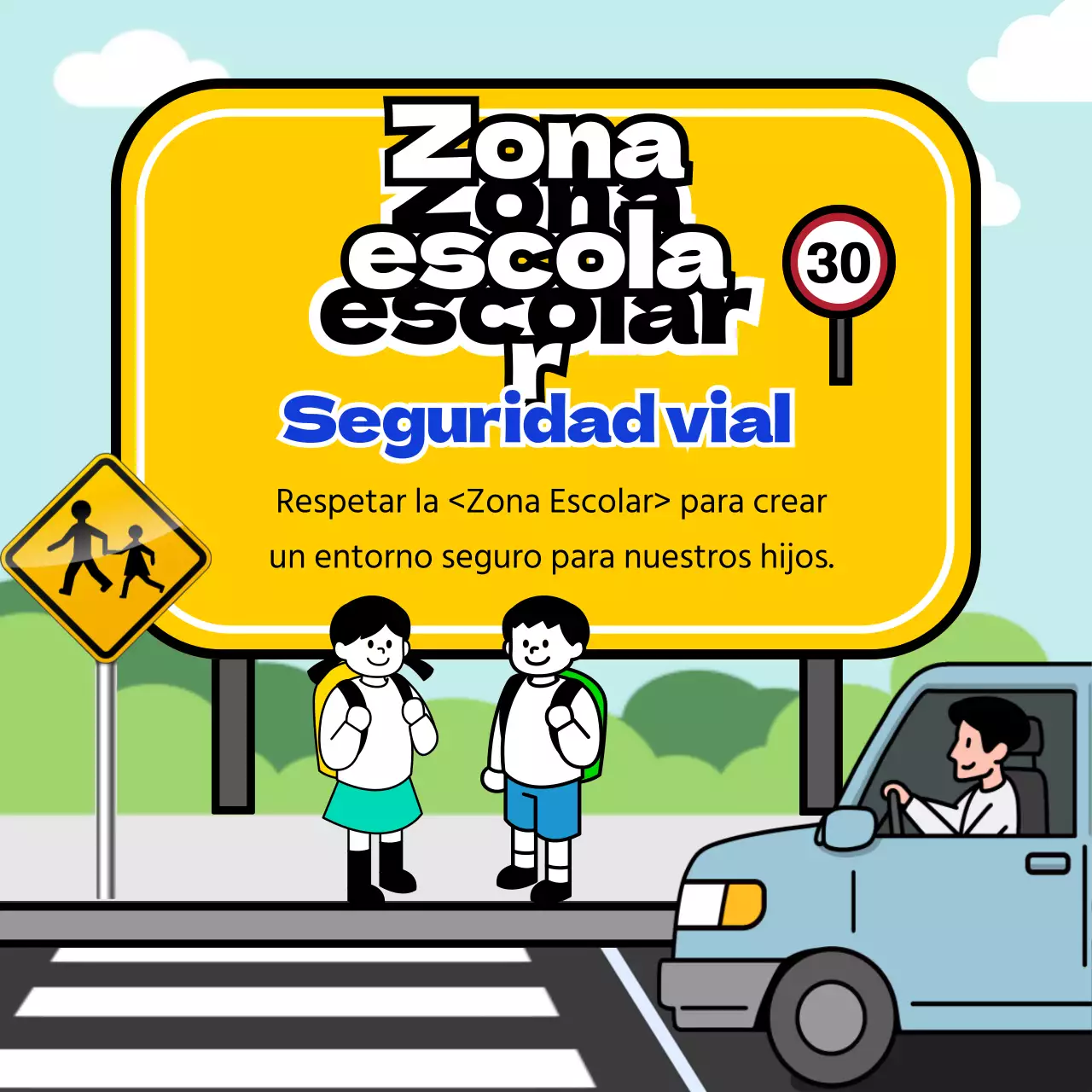 Consejos de seguridad vial en zonas escolares con el concepto de señal amarilla y azul