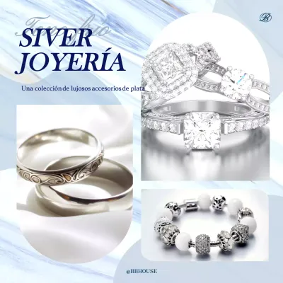 Anuncio de lujosos accesorios plateados en azul claro y gris