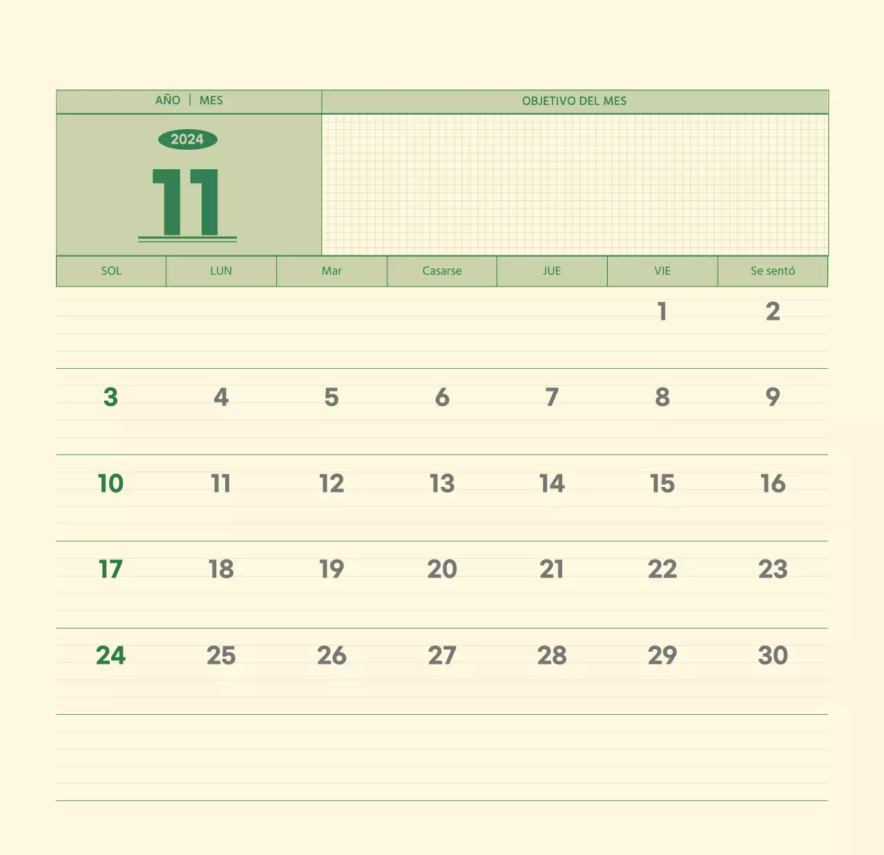 SAT Calendario de pared con concepto de bloc de notas del día D en verde y amarillo claro