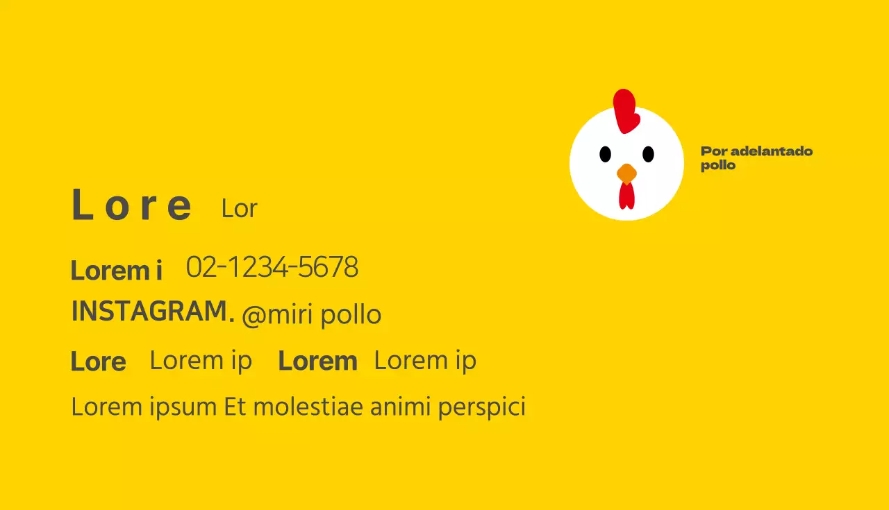 Tarjeta de visita ilustrada de un pollo en rojo y amarillo