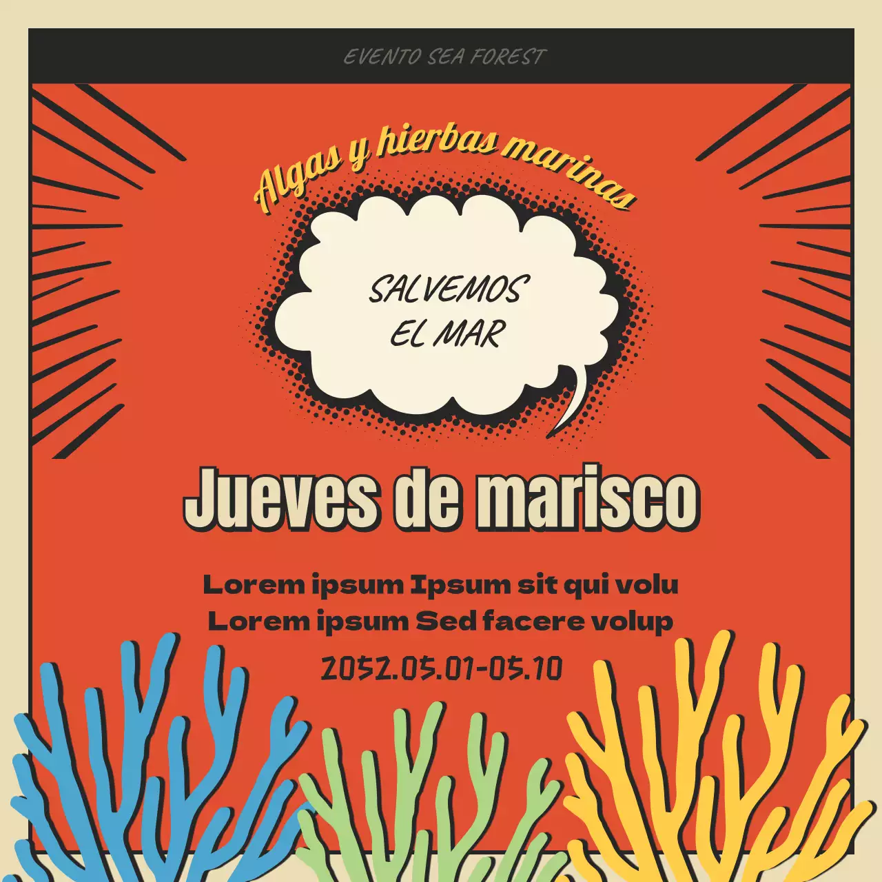 Concepto de dibujos animados bosque marino y algas en rojo y negro