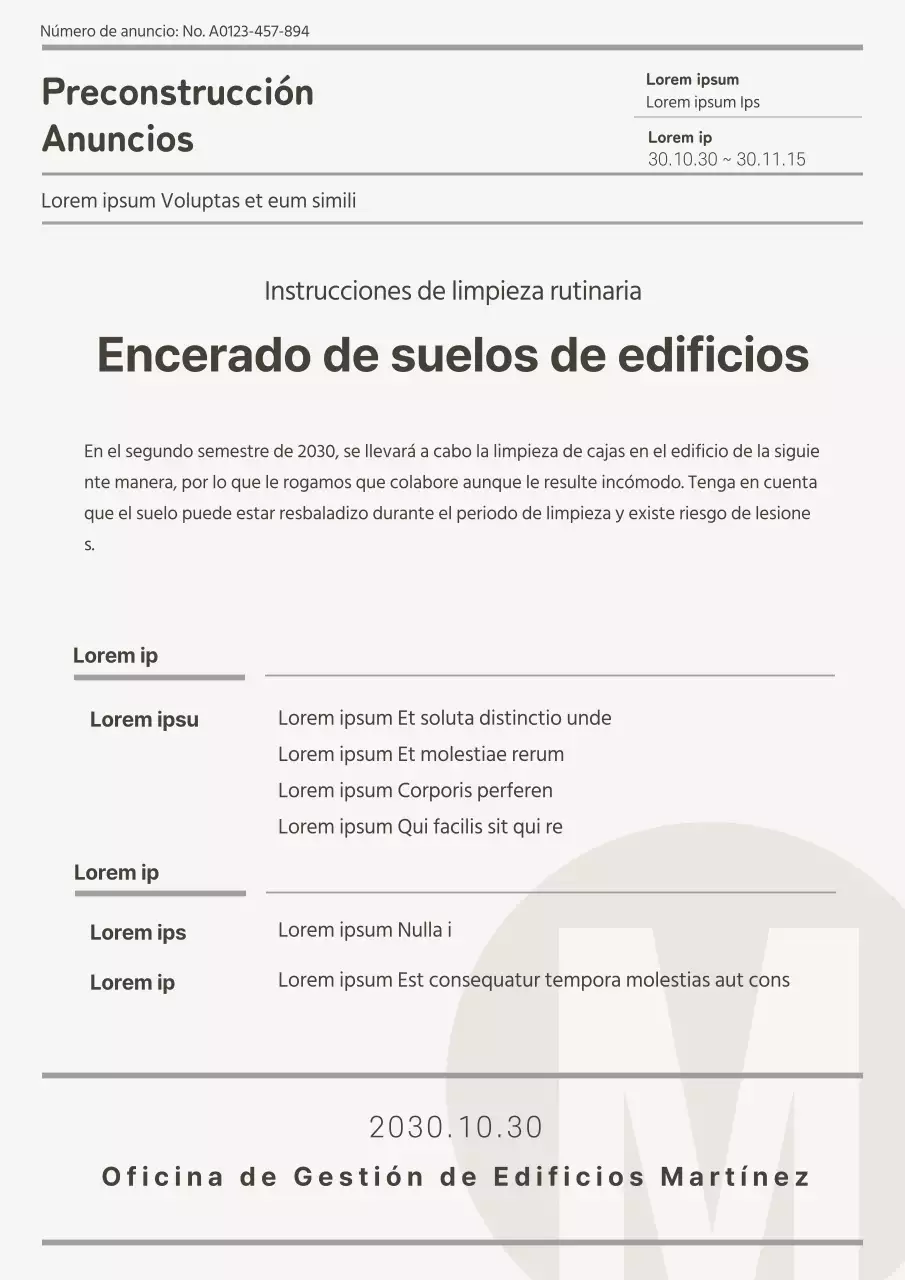 Formato limpio y en tonos grises del documento de anuncio